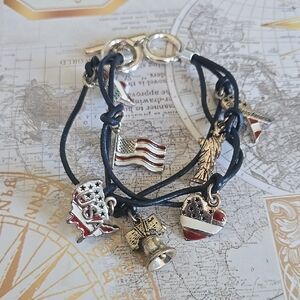 Patriotic Charm Bracelet with Flag & Liberty Charms - Navy Cord